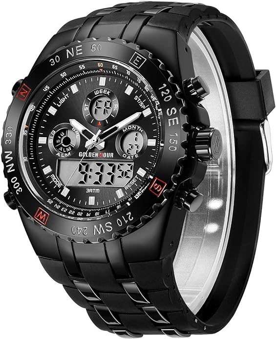 GOLDEN HOUR Luxury Military Sports Men's Watches Large Size Big Face 3ATM Waterproof, Stopwatch, Date and Date, Alarm, Luminous Digital Analog Wrist Watch with Rubber Band