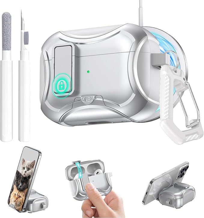 for Airpods Pro 3 Case,Safety Lock&Phone Stand for Airpods Pro 3rd Generation Case Cover,Magsafe Compatible,Auto Pop-up,Military-Grade Protection Design with Carabiner&Cleaning Pen-Silver