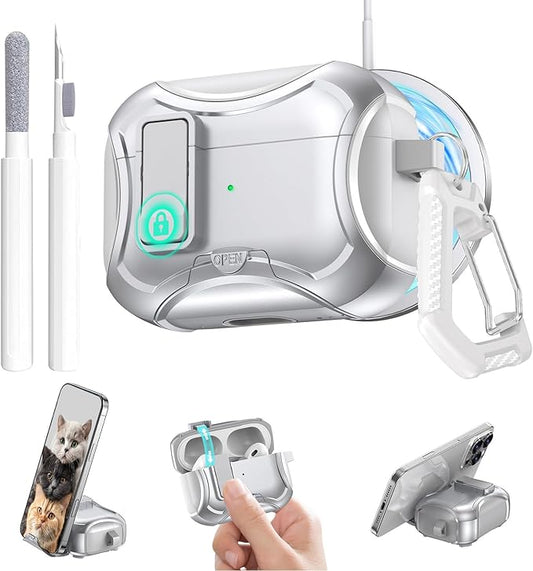 for Airpods Pro 3 Case,Safety Lock&Phone Stand for Airpods Pro 3rd Generation Case Cover,Magsafe Compatible,Auto Pop-up,Military-Grade Protection Design with Carabiner&Cleaning Pen-Silver