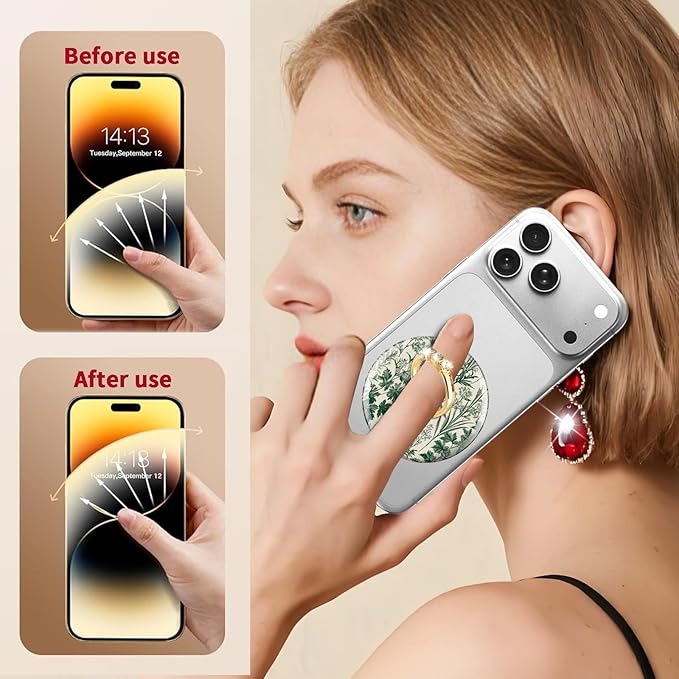 Magnetic Phone Ring Holder Compatible with MagSafe, Cute Phone Grip Stand with 360° Rotation Gold Glitter Finger Ring Kickstand Accessories for Most Phones Cute Green Flower