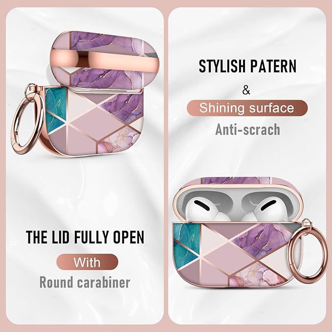 Maxjoy for AirPods Pro Case, Graceful Marble Hard Protective Shockproof AirPod Case Cover with Keychain, Purple Blue