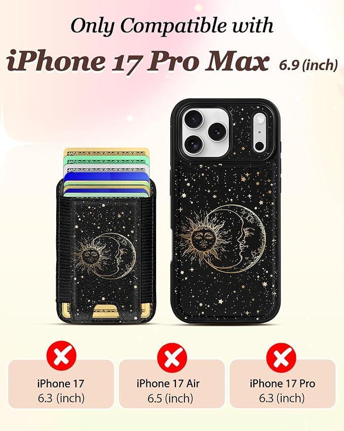 Shorogyt for iPhone 17 Pro Max Case Wallet - Fits 5 Cards, Compatible with Magsafe Detachable Magnetic Credit Card Holder Leather Cardholder Cute Phone Cover Women Girls for Apple 17 ProMax, Sun Moon