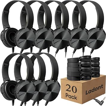 20 Pack Bulk Headphones for Classroom, Kids Wired Headphone for School Students K-12, Affordable Classroom Headphones, On-Ear with 3.5mm Plug(Black)