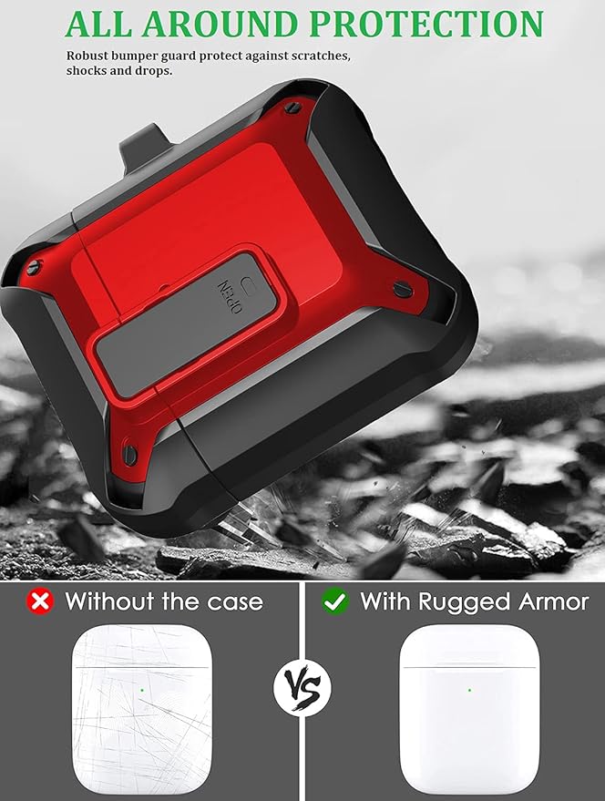 for Airpods 2nd 1st Generation Case Men Lock with Cleaner Kit, Rugged AirPod 2/1 Gen Protective Hard Cover Shockproof Skin Boys Women with Keychain for Apple iPods 2nd/1st Cases, Black