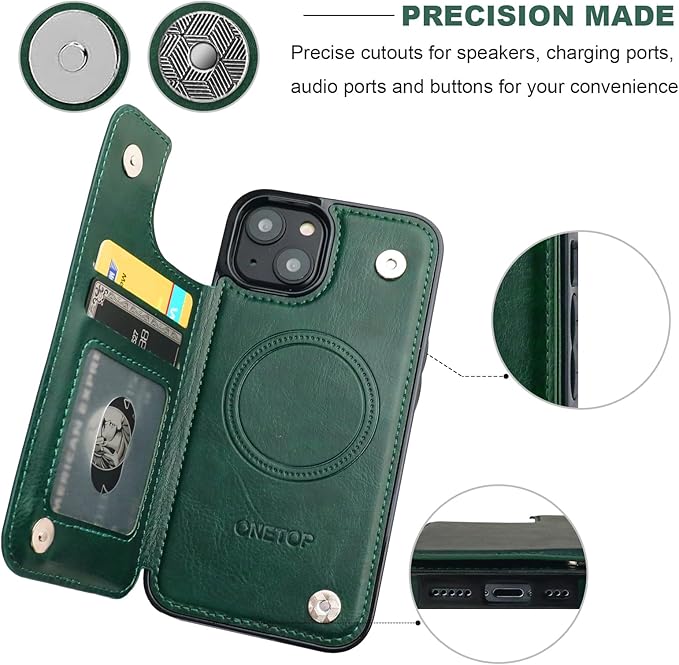 ONETOP Compatible with Magsafe for iPhone 13 Wallet Case with Card Holder, PU Leather Kickstand RFID Blocking Case, Double Magnetic Clasp and Durable Shockproof Cover 6.1 Inch (Green)