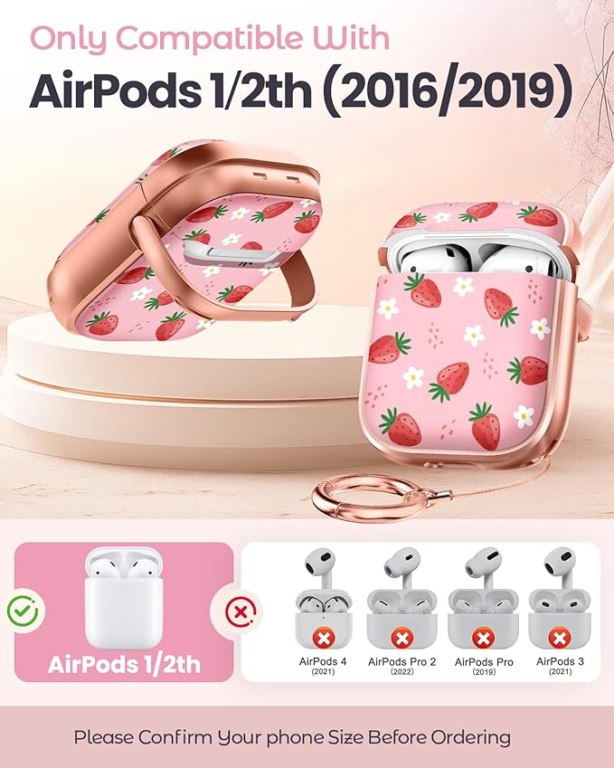Coralogo for AirPods 2/1 Case with Safety Lock - Cute Cartoon for AirPods 1st/2nd Generation for Women Girls Fashion Stylish Strawberry Pattern Design Kawaii Girly Girlish Hard Protective Cover