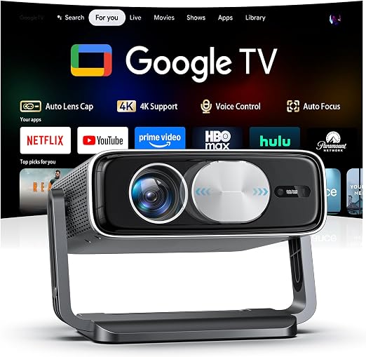 Smart 4K Projector [Bundled with Google TV Stick] with WiFi and Bluetooth, 3000ANSI, Auto Lens Cap, Portable Outdoor Movie Projector with Built-in Apps Auto Focus for Ceiling/Home Theater/Bedroom