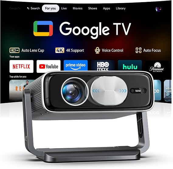 Smart 4K Projector [Bundled with Google TV Stick] with WiFi and Bluetooth, 3000ANSI, Auto Lens Cap, Portable Outdoor Movie Projector with Built-in Apps Auto Focus for Ceiling/Home Theater/Bedroom