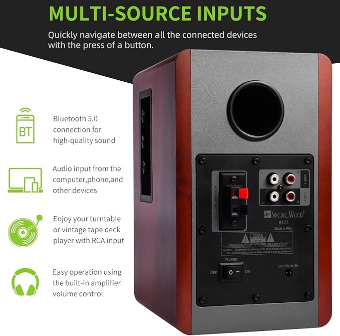 SINGING WOOD BT27 Active Bluetooth Bookshelf Speakers - 60W Powered Studio Monitors, Home Theater Computer Speakers with RCA, Treble/Bass Control, DSP & DRC | HiFi Sound, Wood Grain Finish (Walnut)