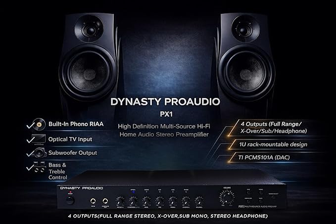 Dynasty ProAudio PX1 Home Audio Stereo Preamplifier with Phono RIAA, Optical & RCA Inputs – Low Noise Hi-Fi Preamp for Turntable, TV & Power Amplifier – Bass/Treble Control, Sub Out