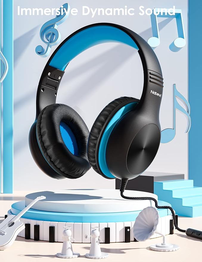 BH100 Headphones for Kids, Over Ear, Wired, Hearing Protection, 85/94 dB Adjustable Volume Limit, Sharing Function, Microphone, Lightweight, Comfortable, [Sky Blue]