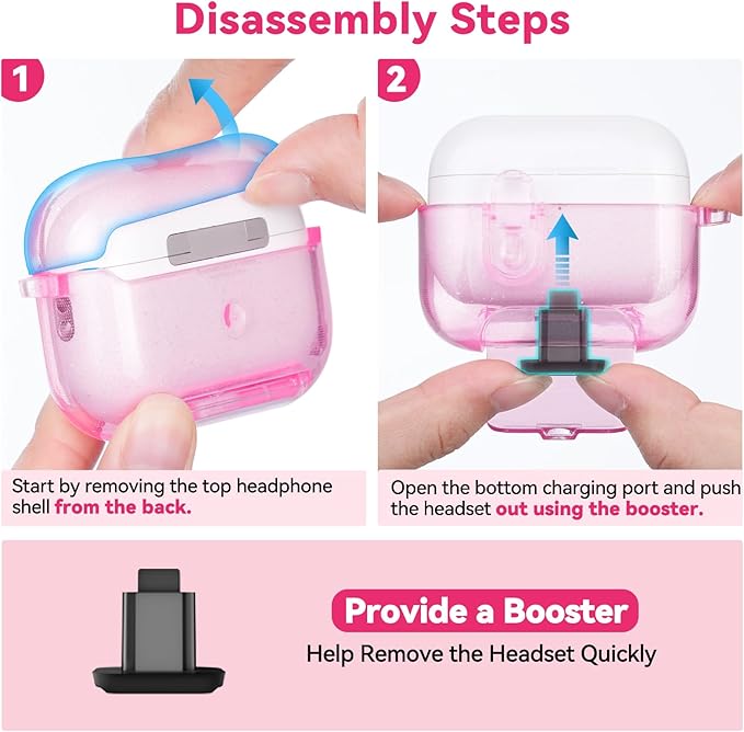 Clear Case for AirPods Pro 3 Case Cover with Safety Lock,Soft TPU Cover with Phone Stand & Cleaning Kit,Cute Bling Keychain for Women Girls-Clear Pink
