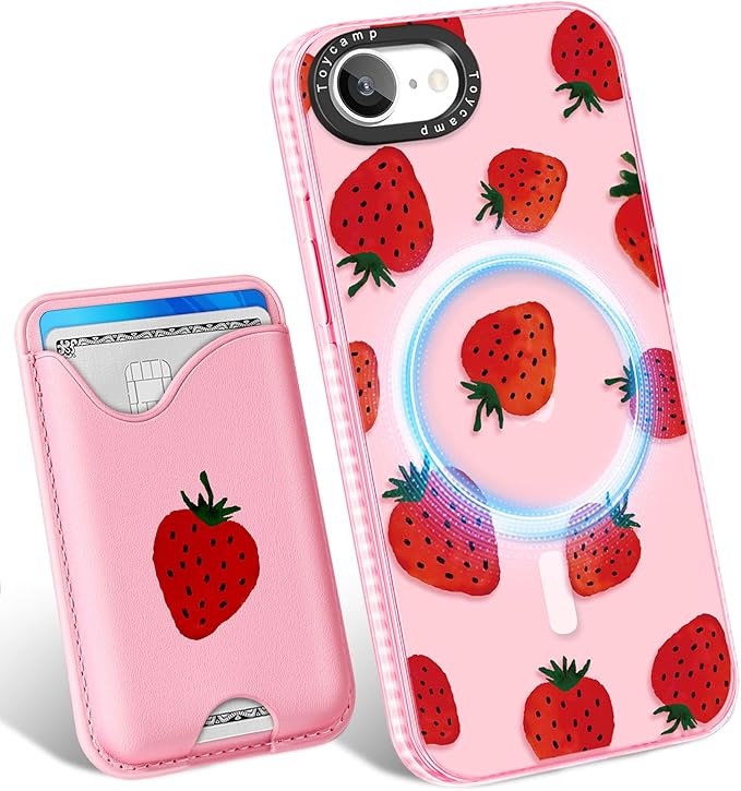 Toycamp for iPhone 16e Case 6.1 Inch - Compatible with Magsafe Credit Card Holder Wallet Magnetic Cute Women Teen Girls Kawaii Girly Unique Strawberry Design Phone Cover for iPhone 16e