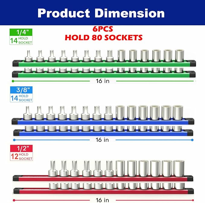 Magnetic Socket Holder Organizer, 6-Piece Set Aluminum Alloy Socket Rail for Tool Box Drawer, 360° Swivel Sockets Rack with 80 Clips for 1/2, 3/8, 1/4-Inch