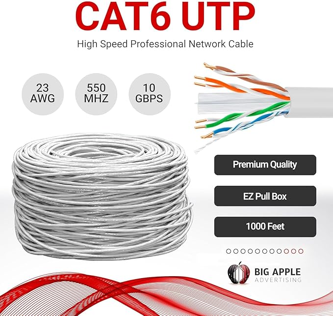 Big-A - Bulk Cat6 Cable 1000ft 23AWG Solid 4 Pair, Cat 6 Ethernet Cable Unshielded Twisted Pair (UTP), (CMR) 550MHz Internet Cable, Pull Box - White