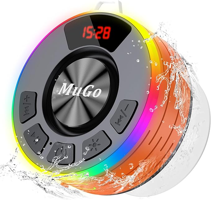 MuGo Shower Bluetooth Speaker Waterproof IPX7, 360° HD Stereo Sound Bathroom Speaker Bluetooth 5.3 with RGB Lights, Suction Cup and Microphone, Mini Shower Radio for Home/Party/Outdoor