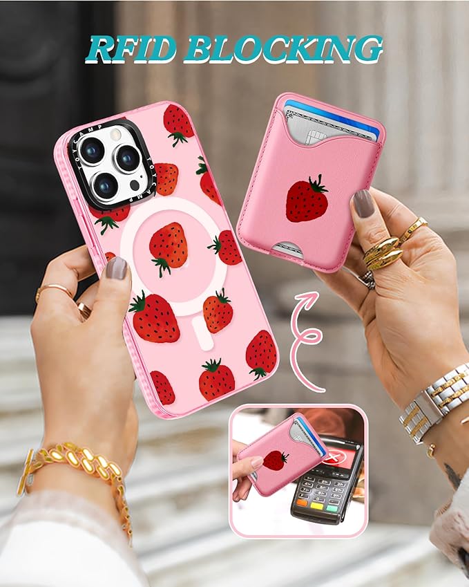 Toycamp for iPhone 15 Pro Max Case - Compatible with Magsafe Credit Card Holder Wallet Magnetic Cute Women Teen Girls Kawaii Girly Unique Strawberry Design Phone Cover for Apple 15 Promax 6.7"