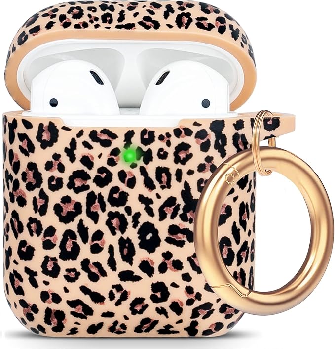 Cheetah Silicone Case Compatible with Airpods Case, Gawnock Soft Earpod Case Cover Flexible Compatible with Airpods 2nd/1st Generation Floral Print Cover for Women Girls with Keychain - Khaki Leopard