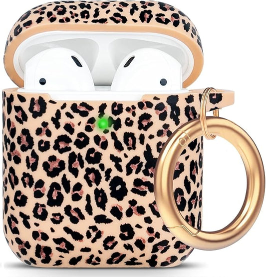 Cheetah Silicone Case Compatible with Airpods Case, Gawnock Soft Earpod Case Cover Flexible Compatible with Airpods 2nd/1st Generation Floral Print Cover for Women Girls with Keychain - Khaki Leopard
