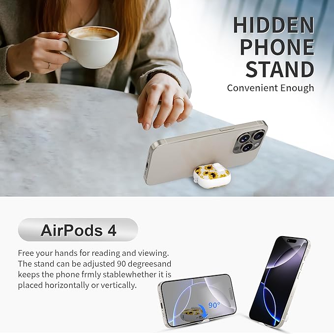 for AirPods 4 Case with Secure Lock Clip in Phone Stand,Floral Girly Style Protective Cover with Cleaning Kit and Hand Strap for Apple AirPod 4 Generation (White Sunflower)