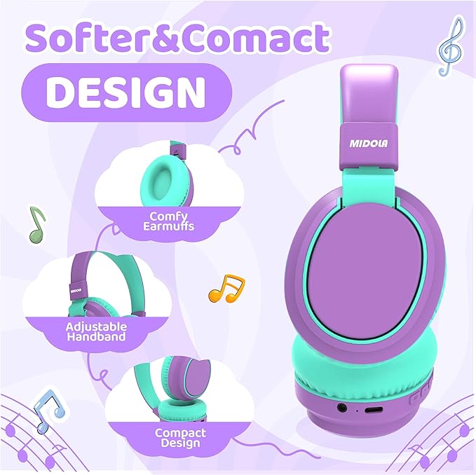 MIDOLA Kids Headphones Wireless Bluetooth 5.4 68H Play Time Volume Limit 85/94dB Over-Ear Foldable Headset,Type-C Fast Charging,with Wired Aux Mic for Toddler Boy Girl Pad Tablet Purple