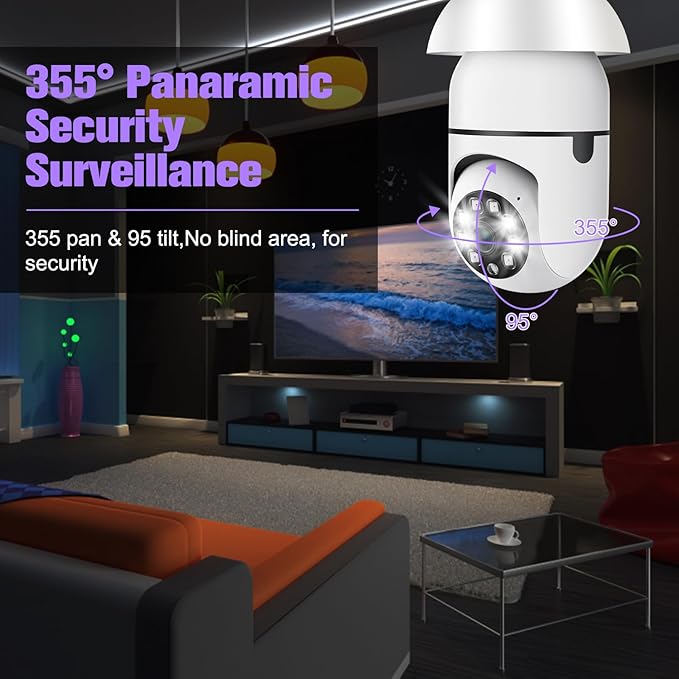 Security Camera Indoor Wireless WiFi Outdoor Home E27 360 Degree Panoramic Home Security Cameras IP Camera Motion Detection and Alarm Two-Way Audio 2pack-64GB