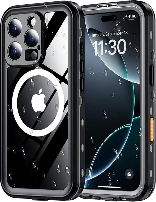 Red2Fire for iPhone 16 Pro Max Case Waterproof, [Built-in Screen Protector & Camera Protector][Compatible with MagSafe][Full Body Shockproof][IP68 Waterproof][Dustproof] Phone Case 6.9" Black/Clear