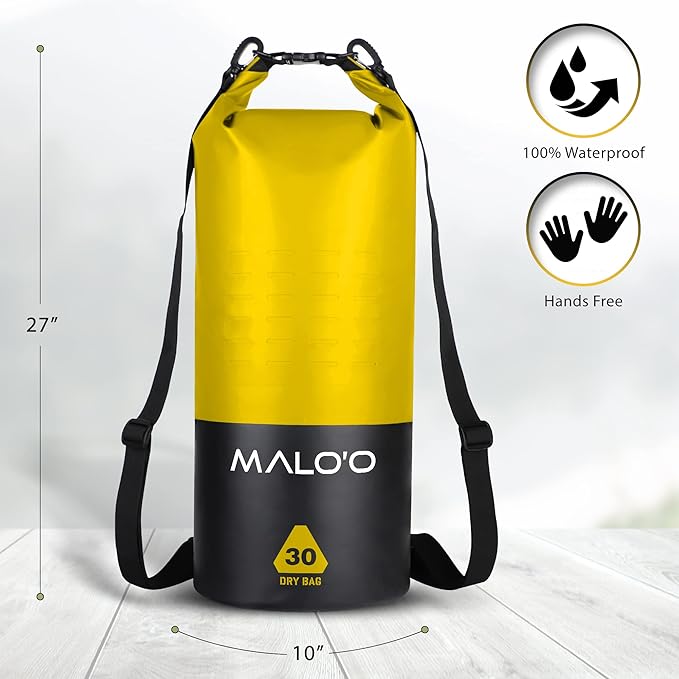 Malo?™o DryPack 30L Waterproof Kayak Dry Bag, Heavy Duty Roll-Top Dry Bag with MOLLE Grid and Carry Straps for Fishing, Paddle Boarding, Boating, Camping, and Travel, Yellow
