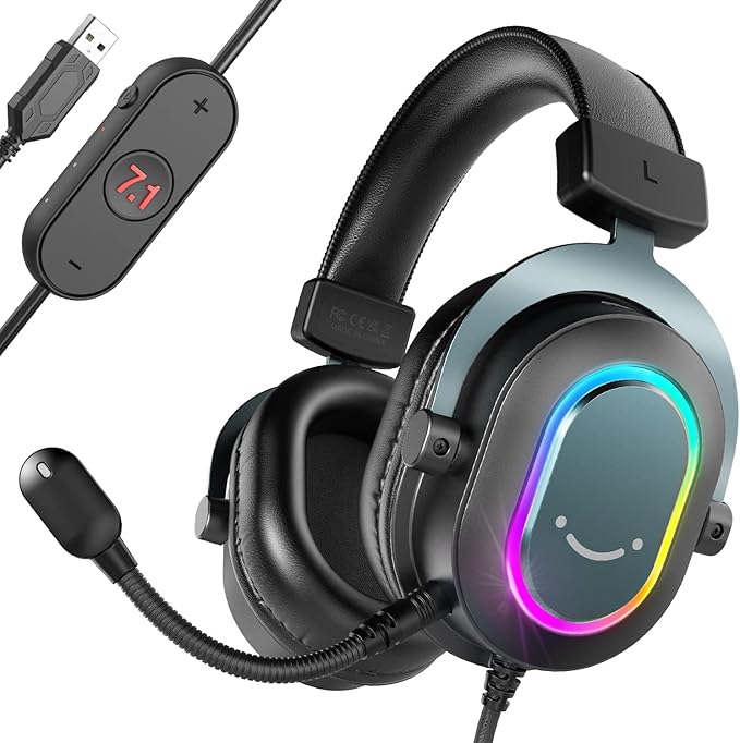 FIFINE PC Gaming Headset with 7.1 Surround Sound, RGB, Soft Ear Pads, USB Lavalier Microphone for Laptop and Mac (H6+K053)