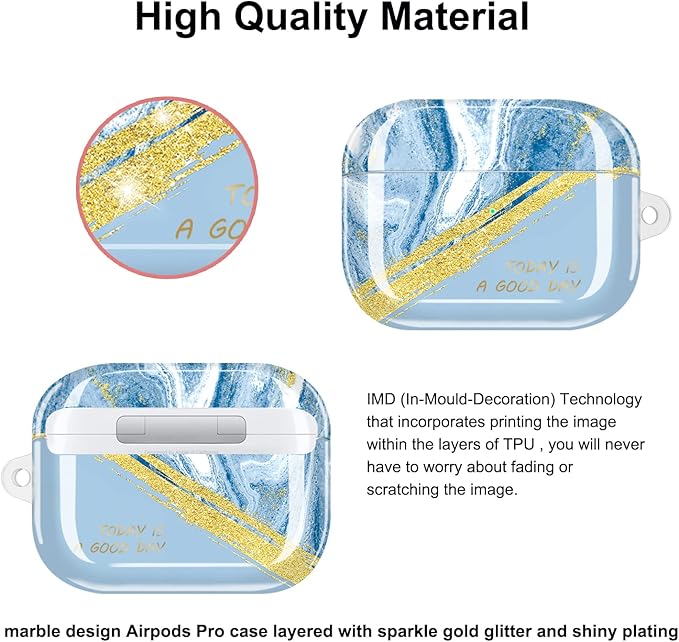 JIAXIUFEN Compatible with AirPods Pro 1st Case Cover Gold Sparkle Glitter Marble Design Cute Full Protective Silicone TPU Skin Accessories for Women Girl Day Blue