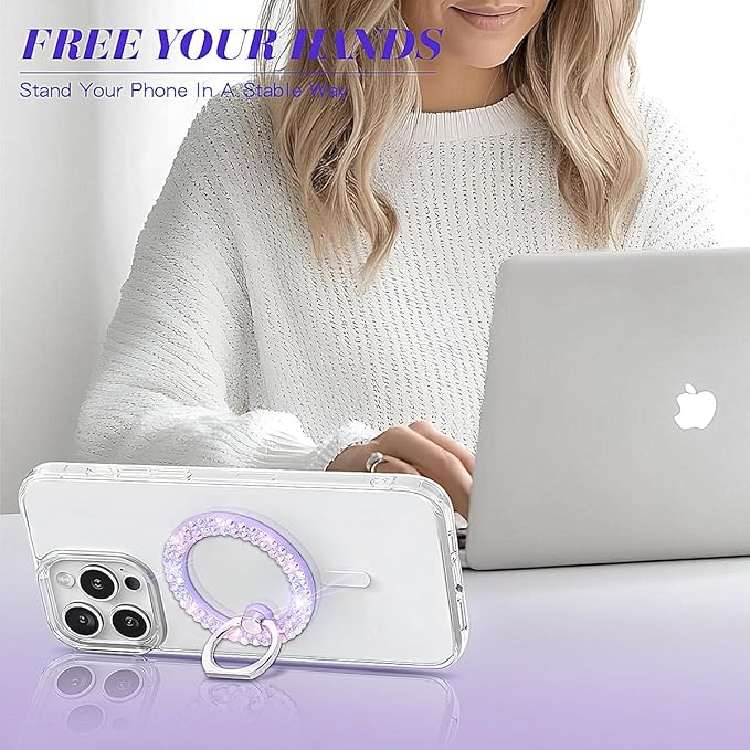 Bling Magnetic Phone Ring Holder for Mag-Safe, Glitter Magnet Cell Phone Grip Stand Sparkle Finger Ring Magnetic Compatible with iPhone 16 Pro Max 15 14 13 12 Mag-Safe Accessories（Purple）