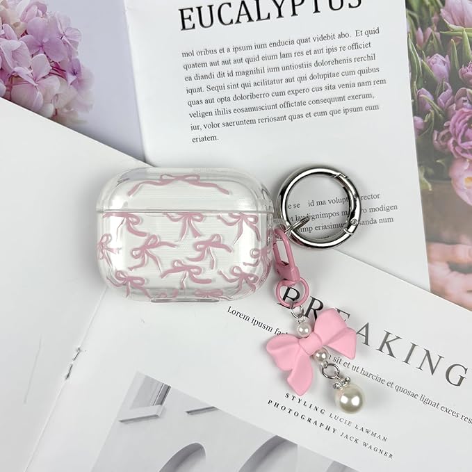 Compatible with AirPods Pro 2 Case Cover 2022, Soft TPU with Cute Flower Pattern for AirPods Pro 2nd/1st Generation Case with Flower Keychain and Carabiner for Girls Women (Pink Bow)