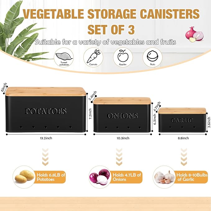 Honeydak 3 PCS Potato Onion Garlic Storage Bins Set, Metal Vegetable Keeper Containers with Lids Aerating Holes for Kitchen Counter Pantry Keep Fresh Longer Farmhouse for Sweet-potato Fruit(Black)