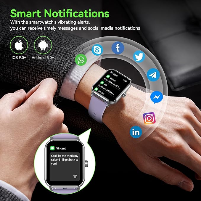 Smart Watch, 1.85" HD Fitness Tracker with Bluetooth Calls, 5 ATM Waterproof, 24/7 Heart Rate/Sleep Monitor, Pedometer, Calories, 130+ Sport Modes, Smartwatch for iOS Android (Purple)