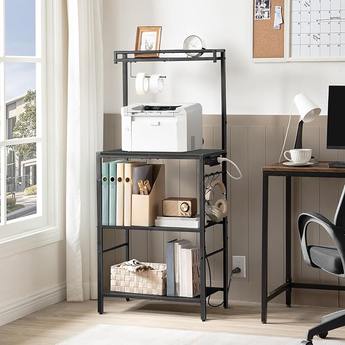 Bakers Rack with Power Outlet, Microwave Stand with Paper Holder, Bakers Rack with Storage, Coffee Bar Station with 6 Hooks, for Kitchen, Dining Room, Black BRBK36E01