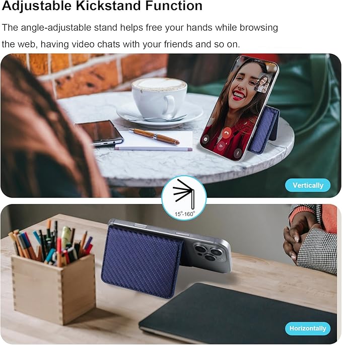 Bocasal for MagSafe Wallet Magnetic Card Holder, RFID Blocking Leather Card Slots for iPhone 17/16/15/14/13/12 Pro/Max/Plus/Air, Adjustable Kickstand Flip Mag Safe Wallet (Carbon Filber Blue)