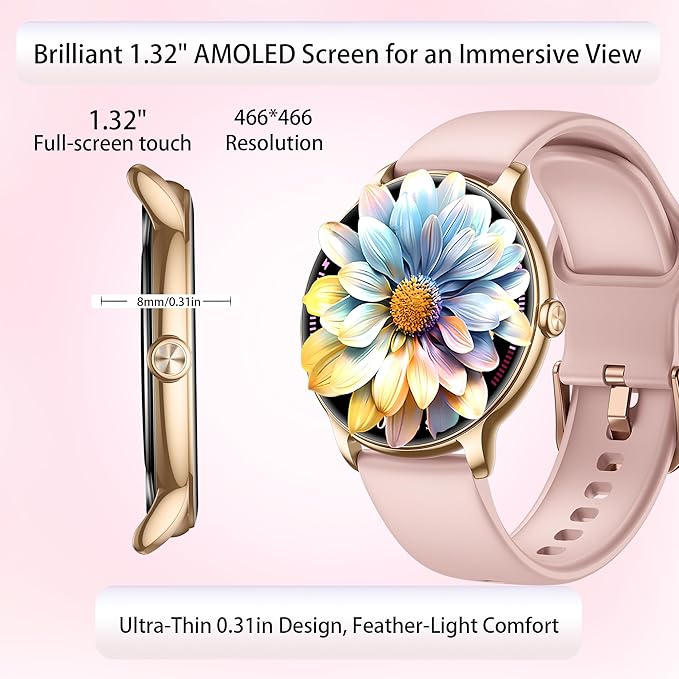 Smart Watch for Women Ultra Slim,1.32" AMOLED Fitness Tracker with Heart Rate, Blood Oxygen, Sleep Monitor, Pedometer, Bluetooth Call, IP68 Waterproof, iPhone & Android - Pink