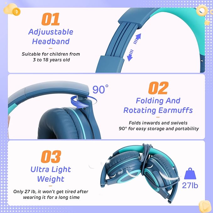 Kids Headphones,Kid Headphone for School with Volume Limit of 94 db,Wired Children Headphone for Travel/Tablet Adjustable Headband Foldable(Blue)