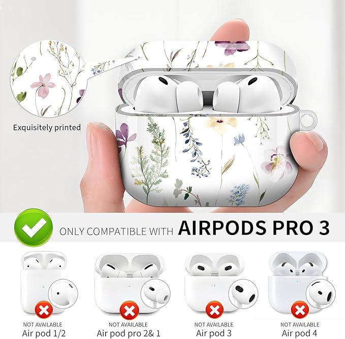 Compatible with AirPod Pro 3 (2025),Cute Case Cover for Women & Men, Full Protection Shockproof Hard Case with Keychain, Wireless Charging Case Accessories(Watercolor Floral Wildflowers)