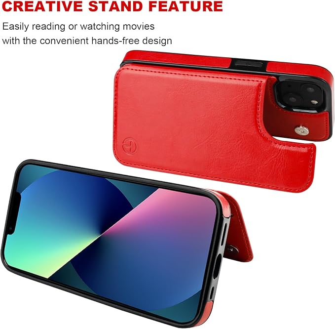 ONETOP Compatible with Magsafe for iPhone 13 Wallet Case with Card Holder, PU Leather Kickstand RFID Blocking Case, Double Magnetic Clasp and Durable Shockproof Cover 6.1 Inch (Red)