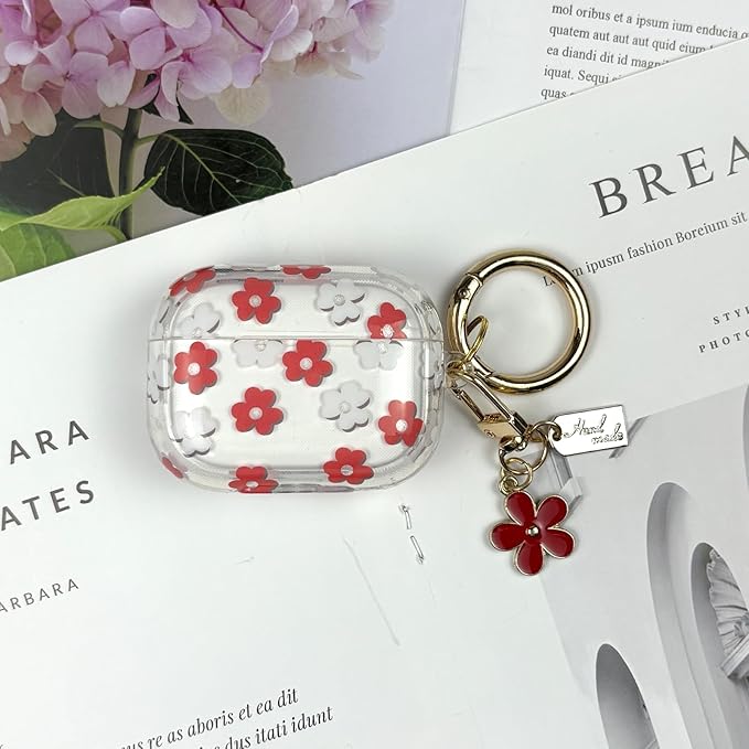 Compatible with AirPods Pro 2 Case Cover 2022, Soft TPU with Cute Flower Pattern for AirPods Pro 2nd/1st Generation Case with Flower Keychain and Carabiner for Girls Women (Red)