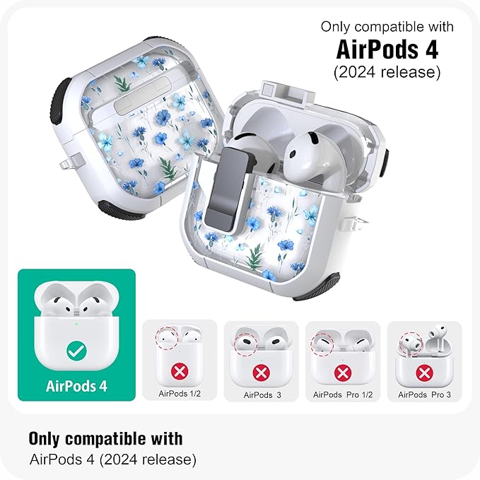 WENEW Case for AirPods 4th Case Cover Secure Lock Automatic Snap Switch Clip Cleaner Kit Lanyard Women Stylish Flower Armour Hard Shell Full Body Front LED Visible (Blue Flower, AirPods 4th)