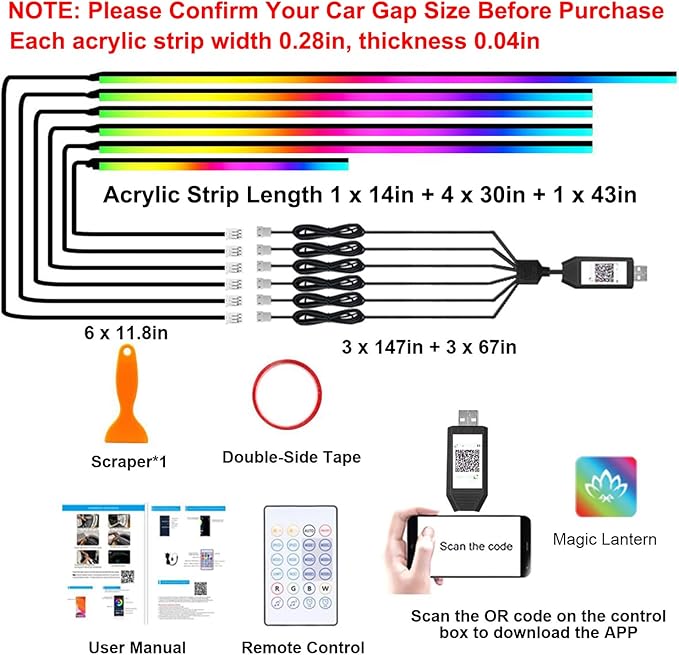 Acrylic Interior Car Lights, 6 in 1 Dreamcolor Ambient Lighting Kit with Wireless APP/Remote/Button Control, USB Car Inside Lighting Accessories with Music Mode for Vehicle Decoration