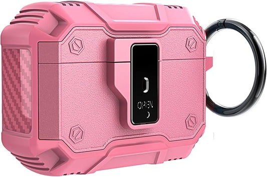 for AirPods 4 Case 2024 with Secure Lock Clip - Military-Grade Drop Protection AirPods 4th Generation Case, Carbon Fiber Shockproof Cover, Automatic Pop-up & Carabiner Hook,Pink