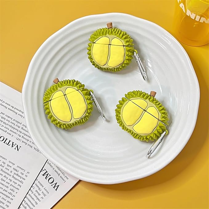 Case Compatible with Airpods 3, Cute Summer Fresh Durian Design Keychain Case Cover, Portable Earbuds Accessories Soft Silicone Shockproof Wireless Earphone Protector with Hook