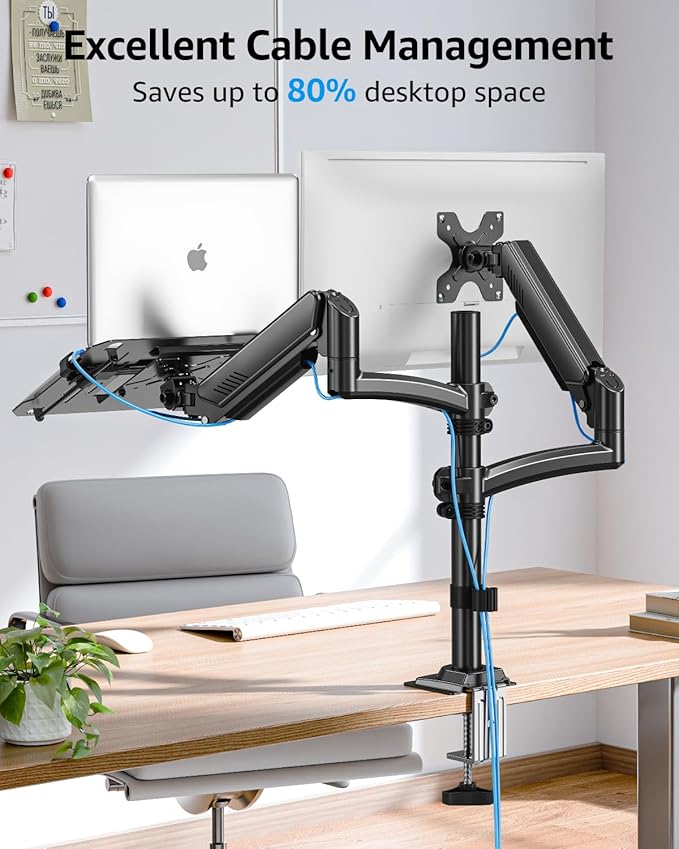 MOUNTUP Laptop and Monitor Desk Mount, Laptop Tray for Max 17" Notebook, Monitors Arm Fits up to 32" Monitor, Laptop Arm Holds 4.4-22lbs, 2-in-1 Tall Laptops Mount with Clamp/Grommet