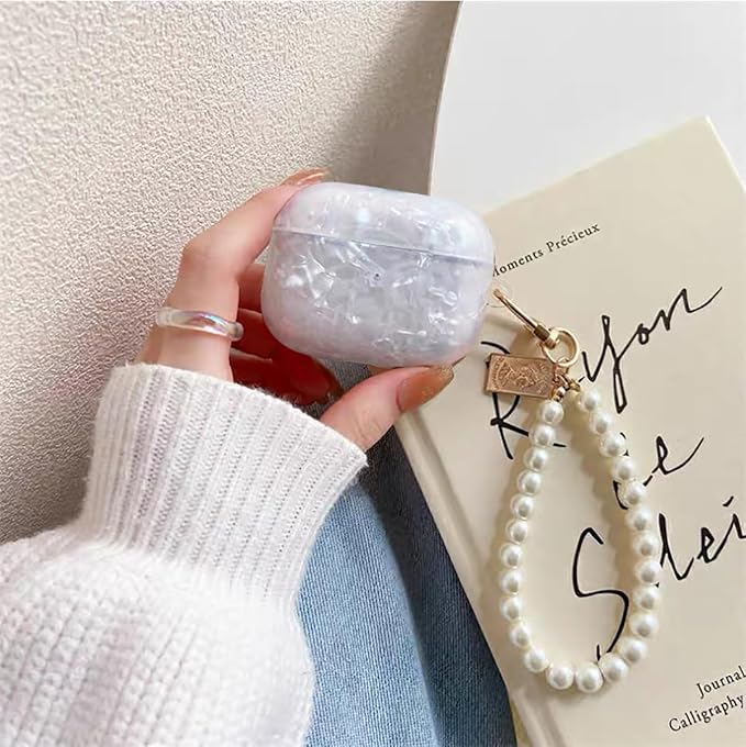 for Cute Glitter Airpods Pro 2nd/1st Generation Case with Cleaner Pen, Shell Pattern Airpods iPod Pro 2 Gen Cover Protective Skin Girl Women with Luxury Pearl Keychain 2023/2022/2019 - White