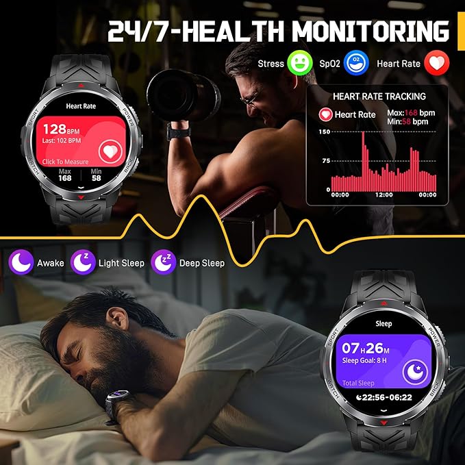 Military Smart Watch for Men with 1100 mAh Battery/LED Flashlight, 1.7" Rugged Tactical Smartwatch with Text and Call/Compass, 5ATM Waterproof Fitness Tracker with HR/Sleep Monitor for iPhone Android