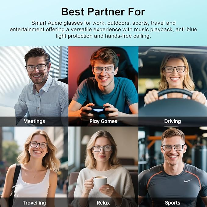 Smart Glasses for Men Women, Classic Smart Eyewear with Detachable Ultra-Slim Arms, Blue Light Filtering, Open Ear Bluetooth Glasses – Ultra-Light Design for Business and Daily Use