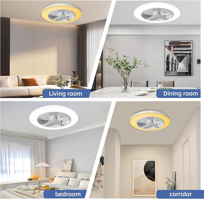 BAYSQUIRREL Low Profile Ceiling Fan with Light and Remote/APP Control,Bluetooth Bladeless Ceiling Fan with Speaker,6 Speeds Reversible 3 Color LED Dimmable Flush Mount Ceiling Fans for Bedroom